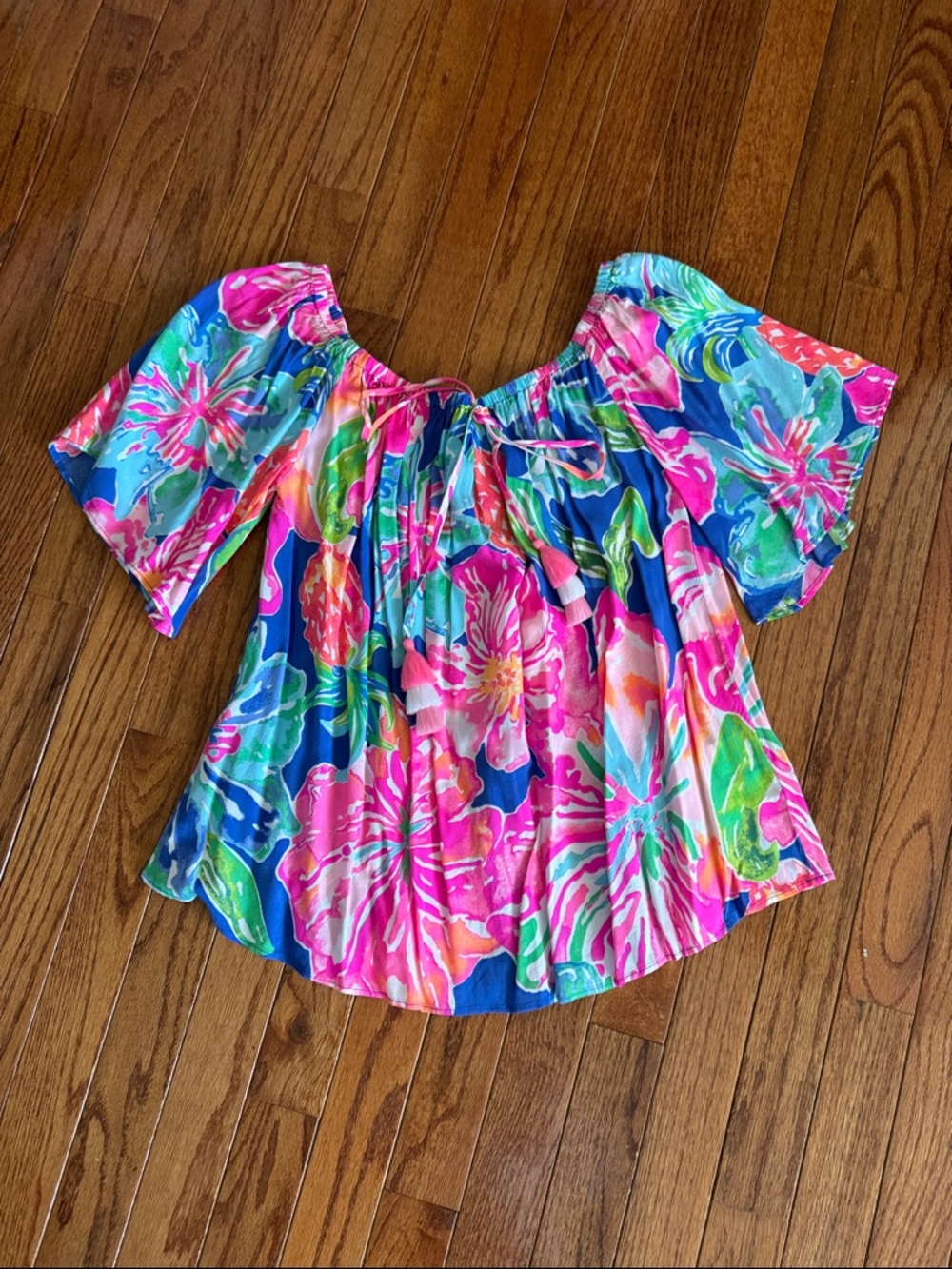 Lilly Pulitzer Bright Floral Off-Shoulder Top in Blue and Pink